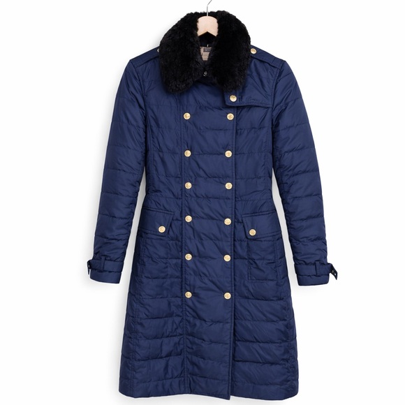 Burberry Brit Navy Down Puffer Parka Coat Fur Collar Belted Double-Breasted Sz M - Picture 2 of 14